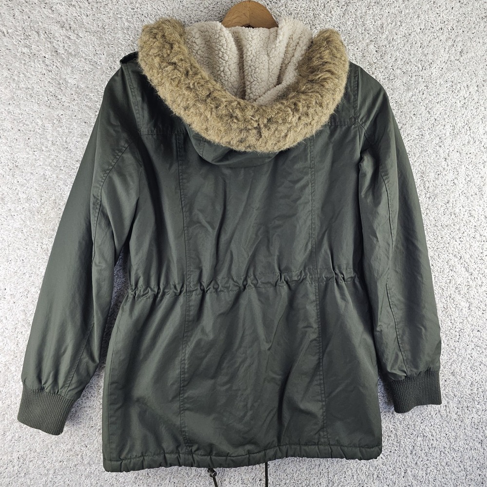 Levis Army Green Faux Fur Hooded Sherpa Lined Nylon Jacket Sz Small Utility - Picture 2 of 13